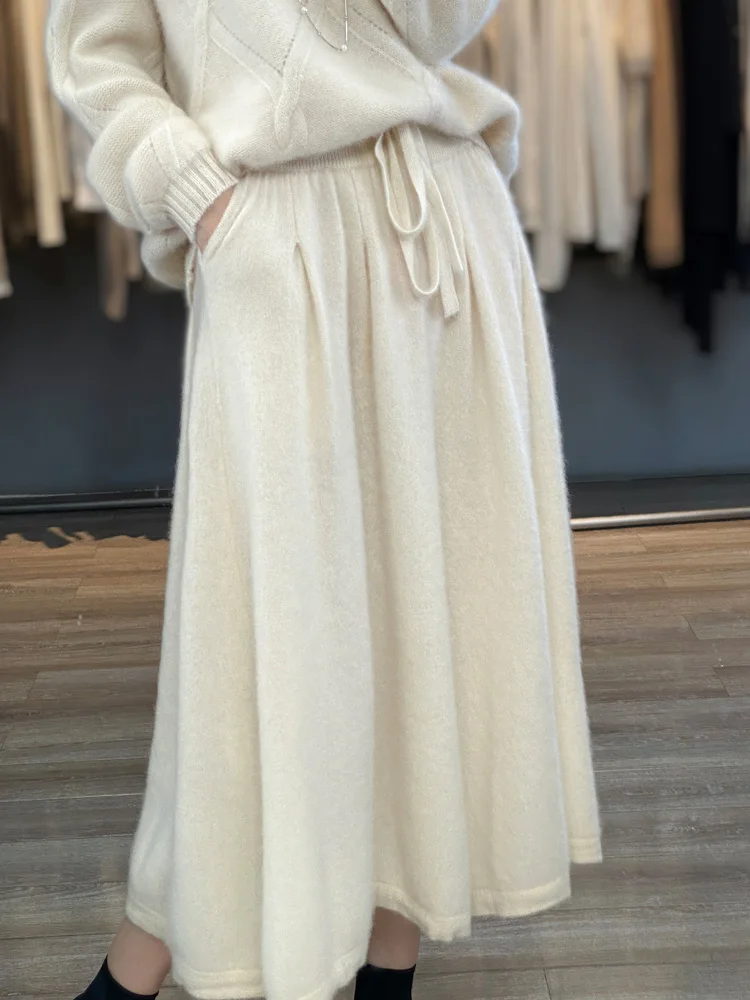 Chic 100% Merino Wool Skirt Office Lady Grace Style Loose pleated Skirt Autumn Winter Thick Soft Women Pure Wool Long Skirt