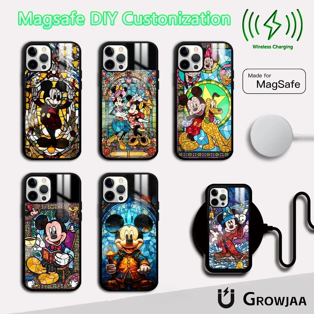 Stained Glass Mickey Mouse Phone Case For iPhone 16 15 14 13 12 11 Pro Max Plus Mini Magsafe Mirror Wireless Magnetic Cover