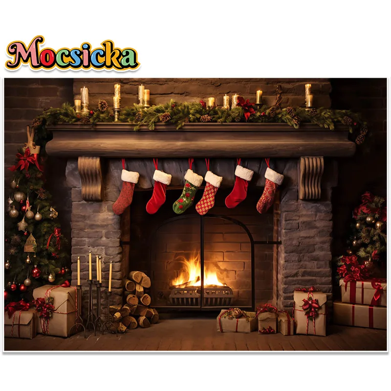 Mocsicka Photography Backdrops Christmas Decoration Background Xmas Tree Red Wooden Door Children Adults Portrait Photo Studio