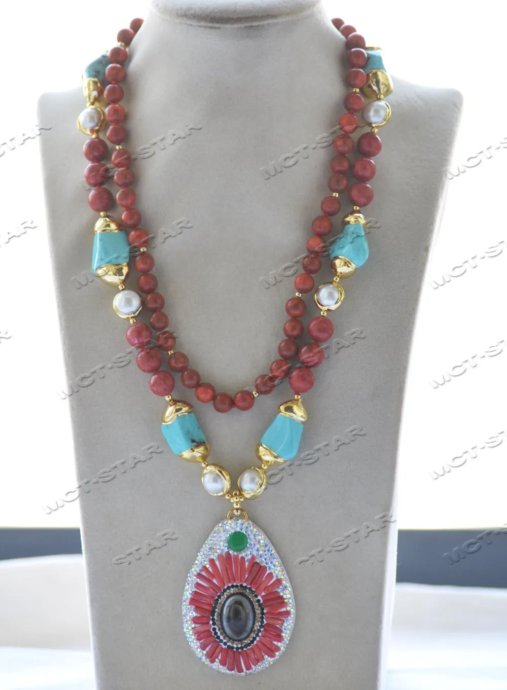 Z12374 2Row Red Round Coral Baroque Turquoise White Pearl Necklace Eye Pendant