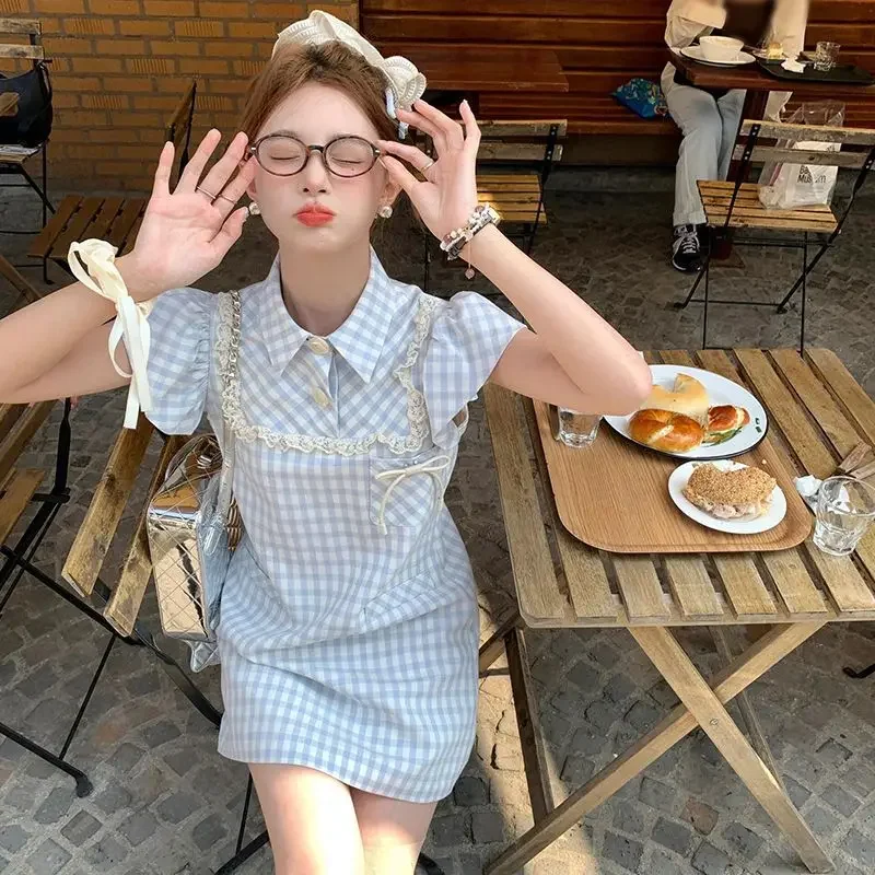 

Sweet Plaid Flying Sleeve Mini Dress Women Korean 2025 Midi Dresses Preppy Style Lapel Patchwork Lace Bow A Line sefs3