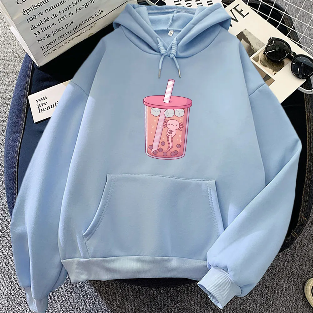 Pink Axolotl Eating Bubble Boba Milk Tea Hoodies Kawaii Cartoon Girls Hooded Pullover Winter Fleece Long Sleeve Sweatshirt Women