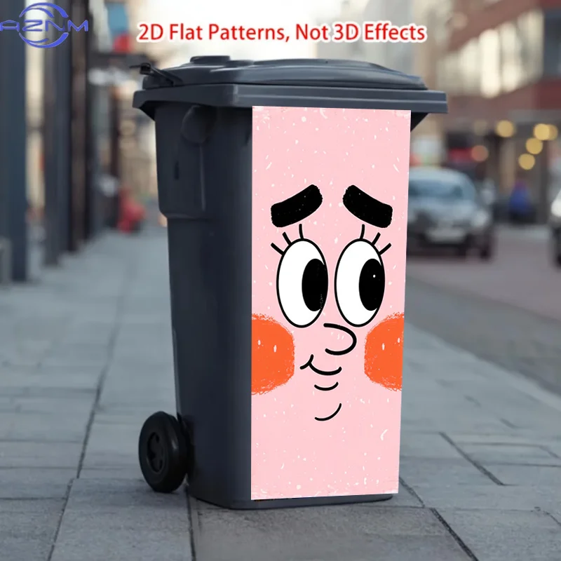 One Trash Can Sticker Measuring 37*82cm / 14.57*32.28 Inches, Featuring a Cute Pink-faced, Big-eyed Cartoon Design. This Matte