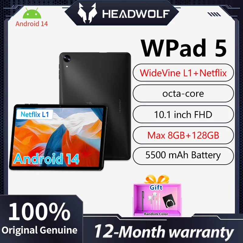 Headwolf WPad 5 восьмиядерный планшет Android14, 10,1-дюймовый FHD WideVine L1 + Netflix, максимальная память, 8 ГБ ОЗУ, 128 ГБ ПЗУ, 5500 мАч, двойной Wi-Fi, планшетный ПК