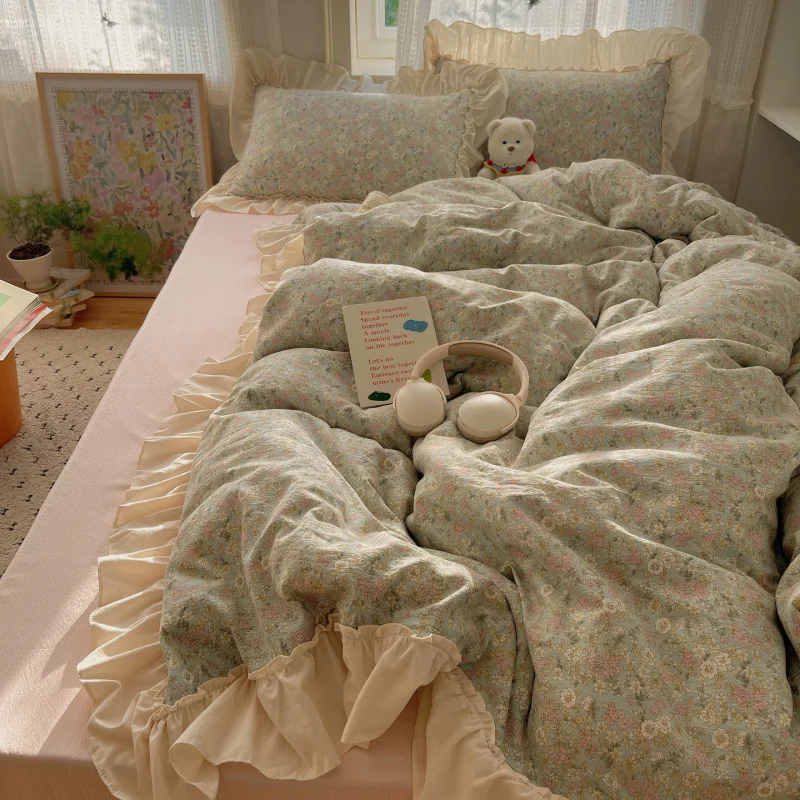 

3/4Pcs Bedding Set Korean Princess Detail Bed Linen With Ruffles Double Bed Full-Size Four-Season Bed Sheets With Pillowcase
