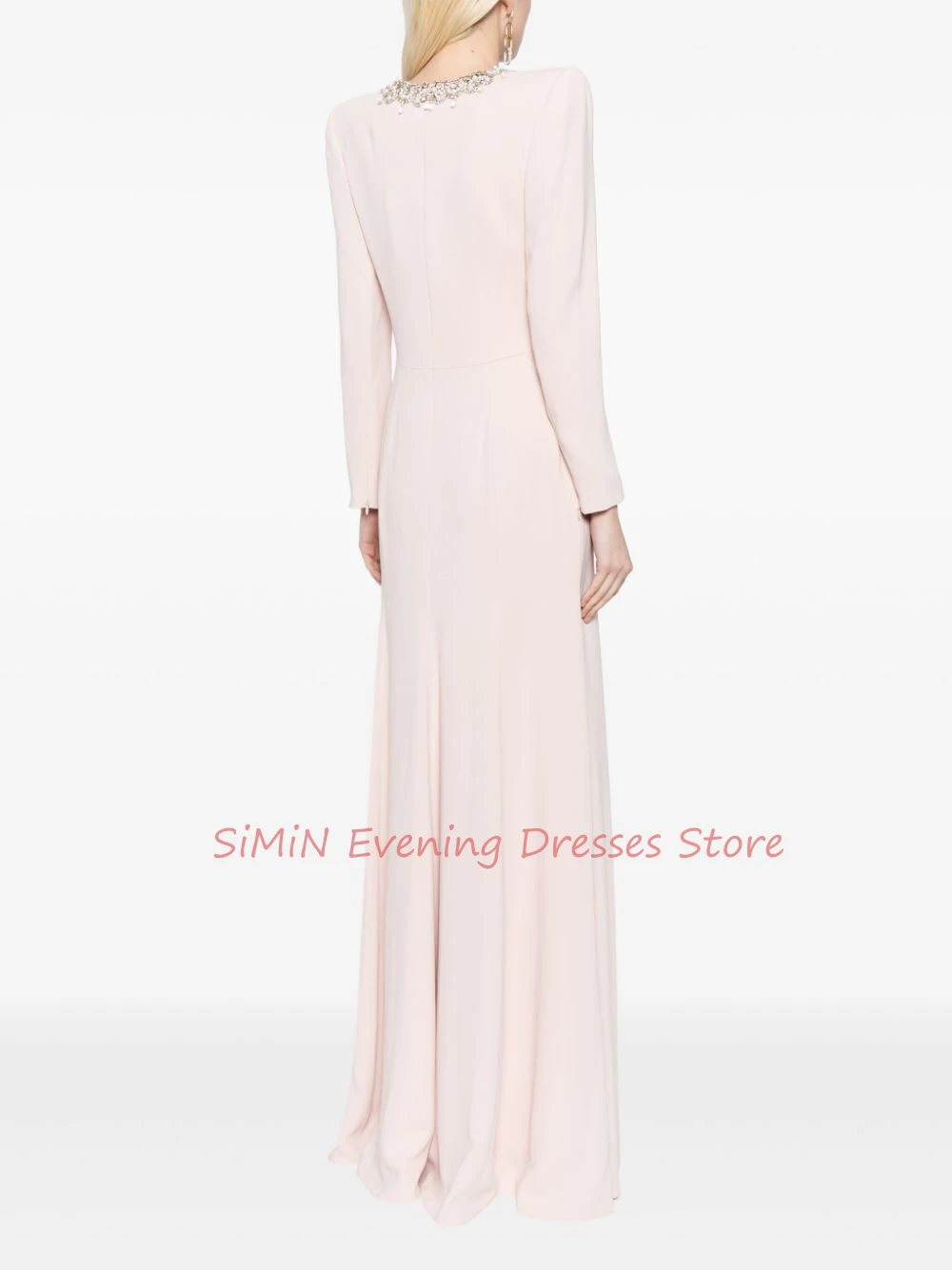 Simin Saudi O-Neck Grace Beaded Ruffle Crepe Mermaid Simple Long-sleeves Tea-Length Arab Evening Party dresses for women 2024