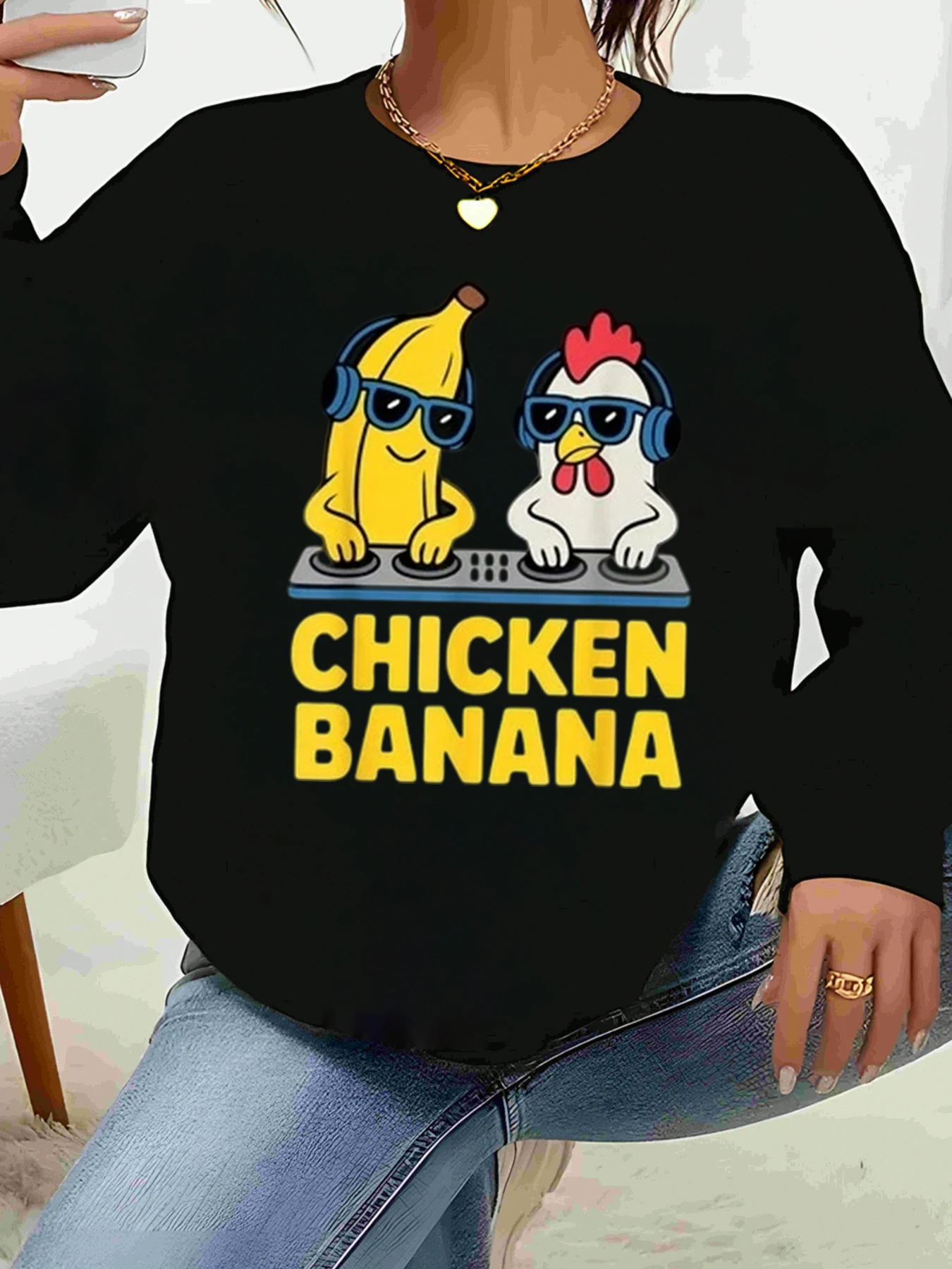 سويت شيرت مطبوع عليه Chicken Banana Dj للهالوين ملابس غير رسمية للسيدات على الموضة #1