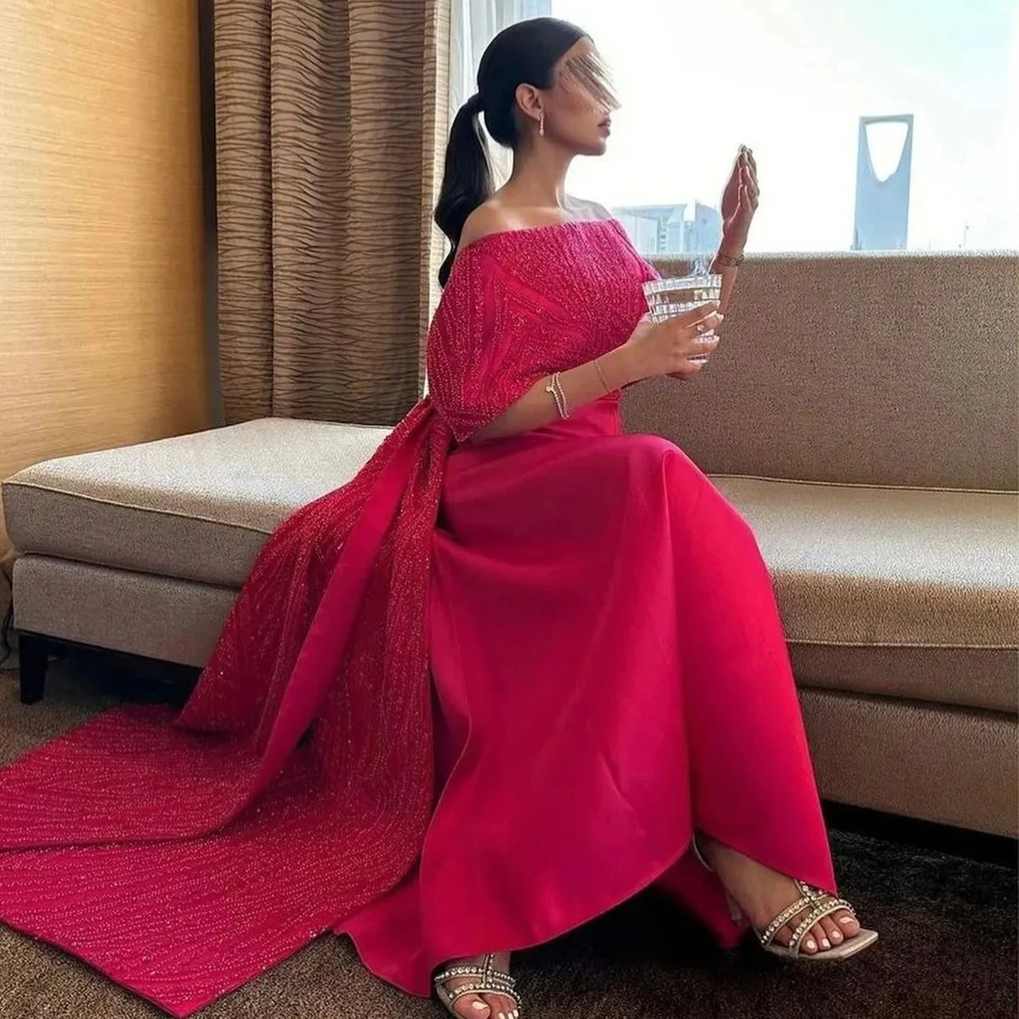 

Sharon Said Elegant Fuchsia Evening Dress with Cape Sleeves Short Sequins for Women Wedding Party Prom Gowns SS482 Customized