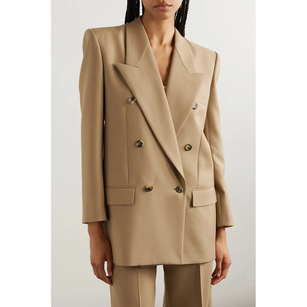 

Beautiful khaki Double Breasted Women Two Pieces Blazer And Pants Fashion Slim Pants Suits Custom Made Clothing