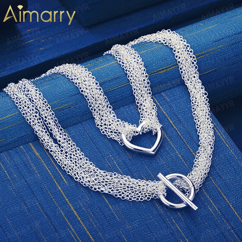 925 Sterling Silver Multi-layer Mesh Woven Love Necklace 18 Inch Women's Party Banquet Engagement Wedding Fashion Jewelry
