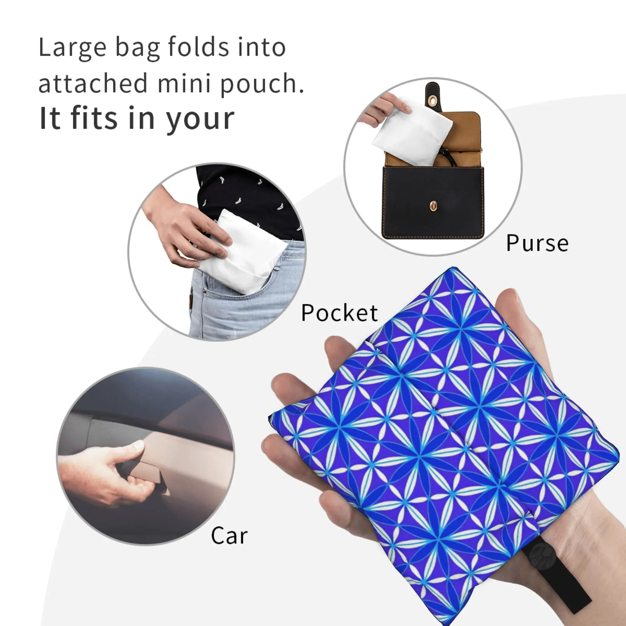 Funny Flower of Life  Shopping Tote Bags Portable Sky Lapis Lilac Boho Floral Groceries Shopper Shoulder Bag view 4