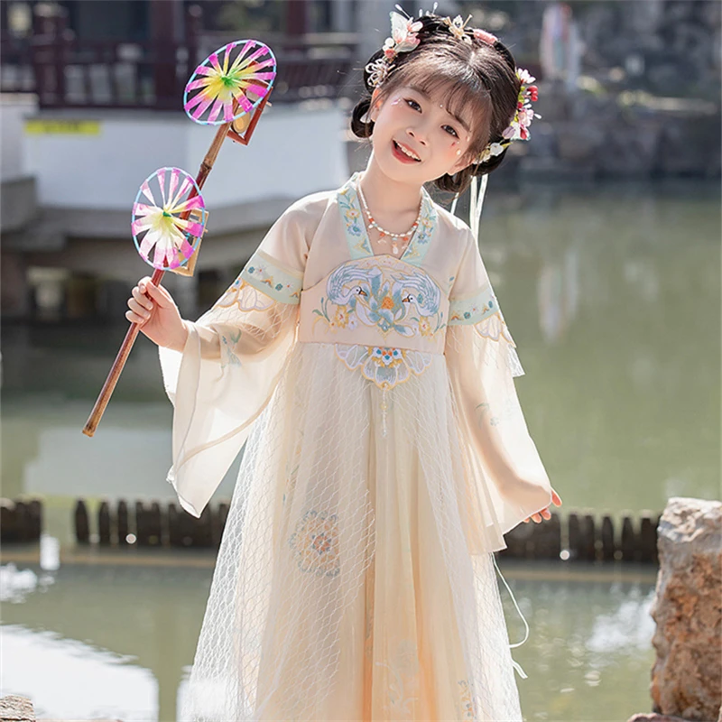 Light Yellow Tang Dynasty Ru Skirt Ancient Improved Hanfu Chinese Traditional Clothing Gauze Design Dress for Girls in Spring