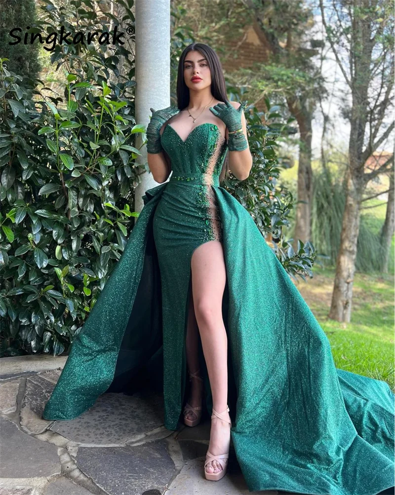 Glitter Green Evening Dresses With Detachable Train Shiny Beading Crystals Pearls Wedding Party Banquet Dance Gowns Customized