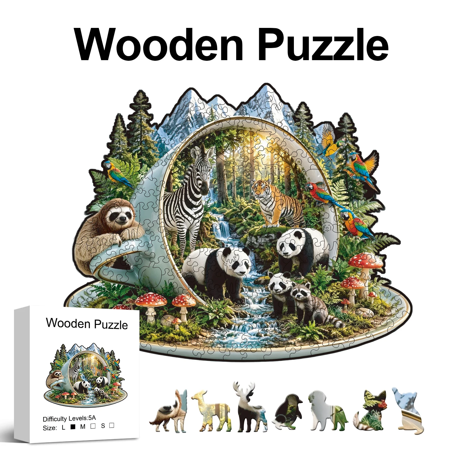 Fantasy Forest Tea Cup Animal Wooden Jigsaw Puzzle, Uniquely Irregular Animal Shaped Wooden Puzzle For Adults, Home Decor