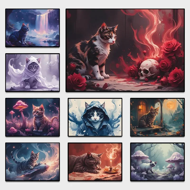 Fantasy Cat Wall Art Magical Wonderland Poster Witchy Ghost Kitty Whimsical Nursery Decor Spooky Storybook Halloween Room Theme
