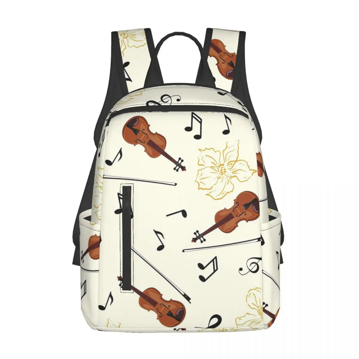 バイオリン音符花柄バックパックデイパック大容量キッズブックバッグスクールバッグショルダーバッグ男性女性用