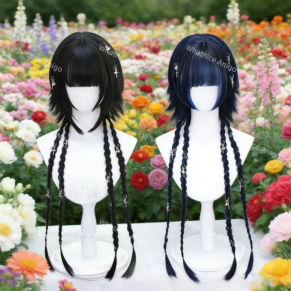 Lolita Ponytail Braided Cosplay Wig Long Synthetic Hair with Blunt Bangs Highlight Heat Resistant Fiber for Girls