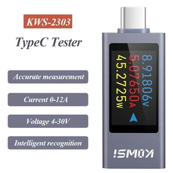 KWS-2303C Type-C Current and Voltage Monitor Power Meter Tester Cell Phone Charger Power Detector DC 4-30V 0-12A Battery Test
