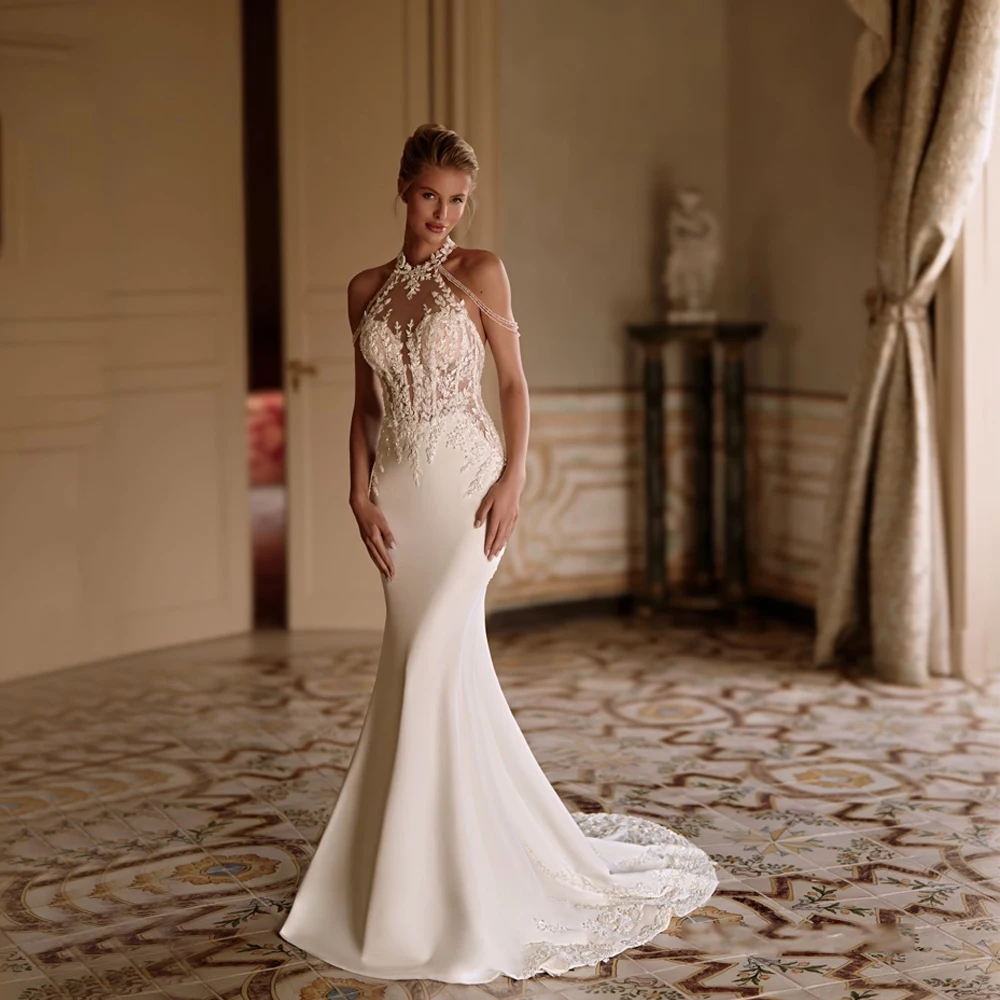 

Customized Luxury Sleeveless Mermaid Wedding Dresses For Women Backless Halter Neck Applique Lace Boho Bride Bridal Gowns