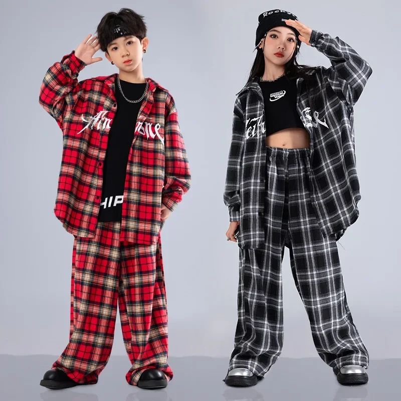 Ensembles Hip Hop pour garçons, chemise à carreaux rouge, pantalons de danse de rue, chemisier K-pop pour filles, pantalons de survêtement Baggy, Streetwear pour enfants, vêtements de Jazz pour enfants