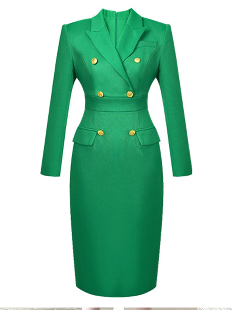 Elegant Fashion Midi Dress Women Clothing Professional Business Style Long Sleeve Double Breasted Robe Office Lady Work Vestidos
