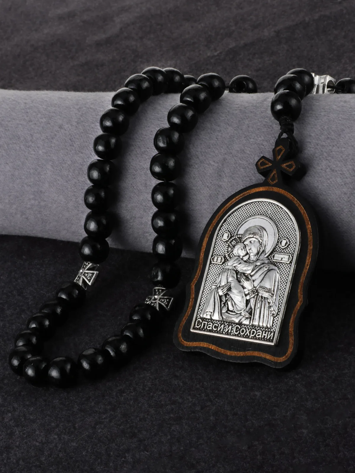 Russian Orthodox Wood Rosary Virgin Mary Child Icon Metal St.Nicholas Saint George Dragon Slayer Pendant Necklace Prayer Beads view 5