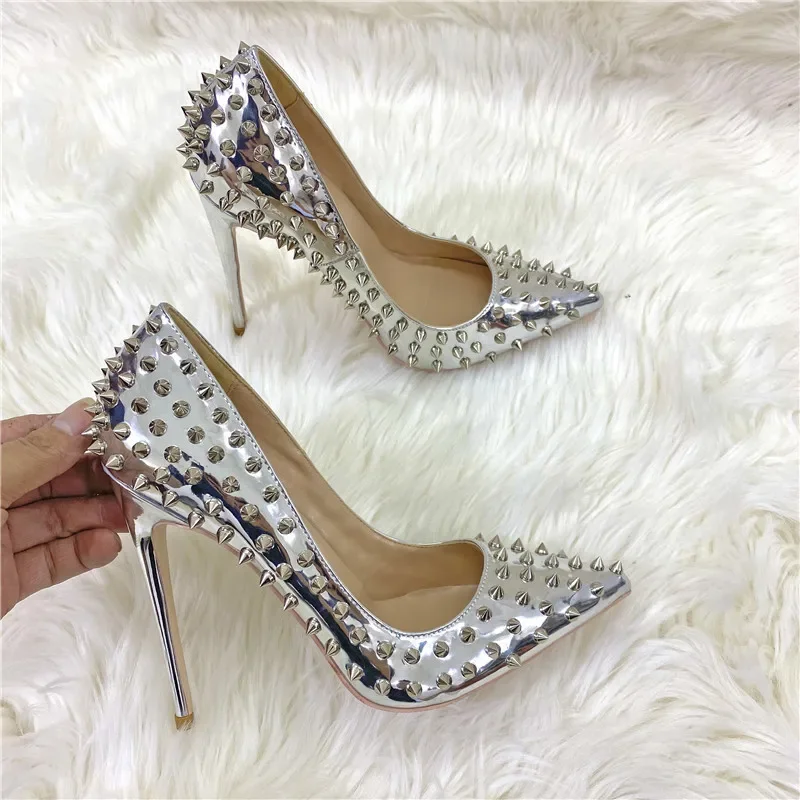 Bright Light Women Full Punk Rivets Pointed Toe High Heels Sexy Ladies Spikes Stilettos Pumps Woman Club Party Zaptos Mujer