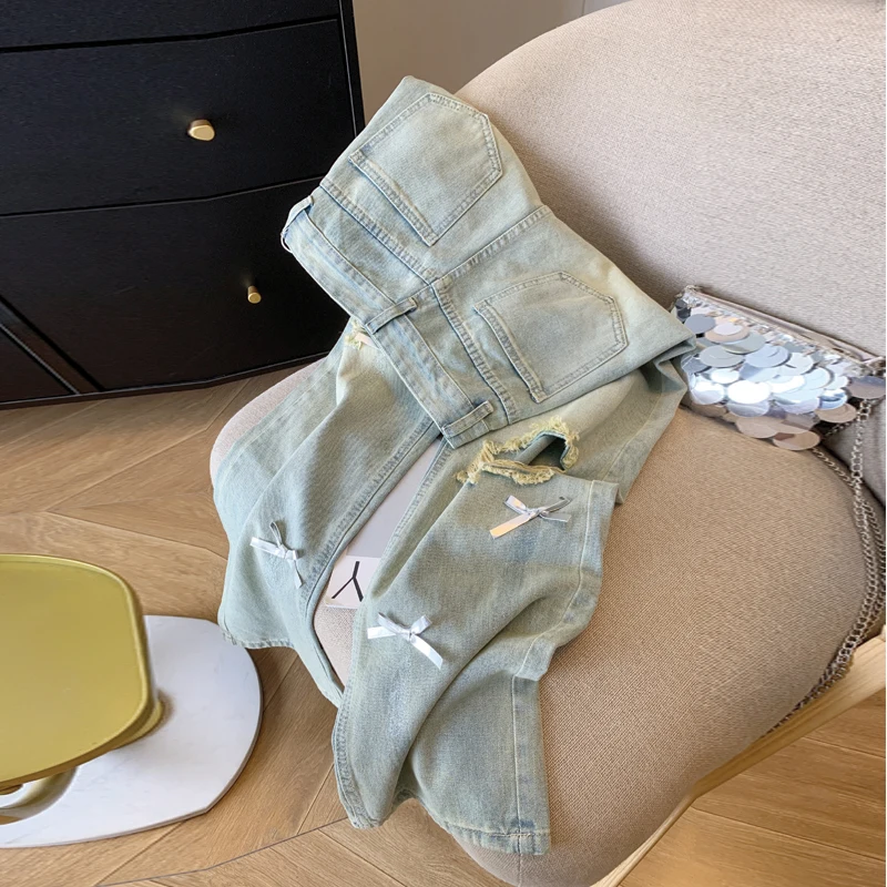 

Women Y2k Bow Ripped Jeans Harajuku 90s Vintage Oversize Denim Trousers Japanese 2000s Style Baggy Straight Jeans Pants Clothes