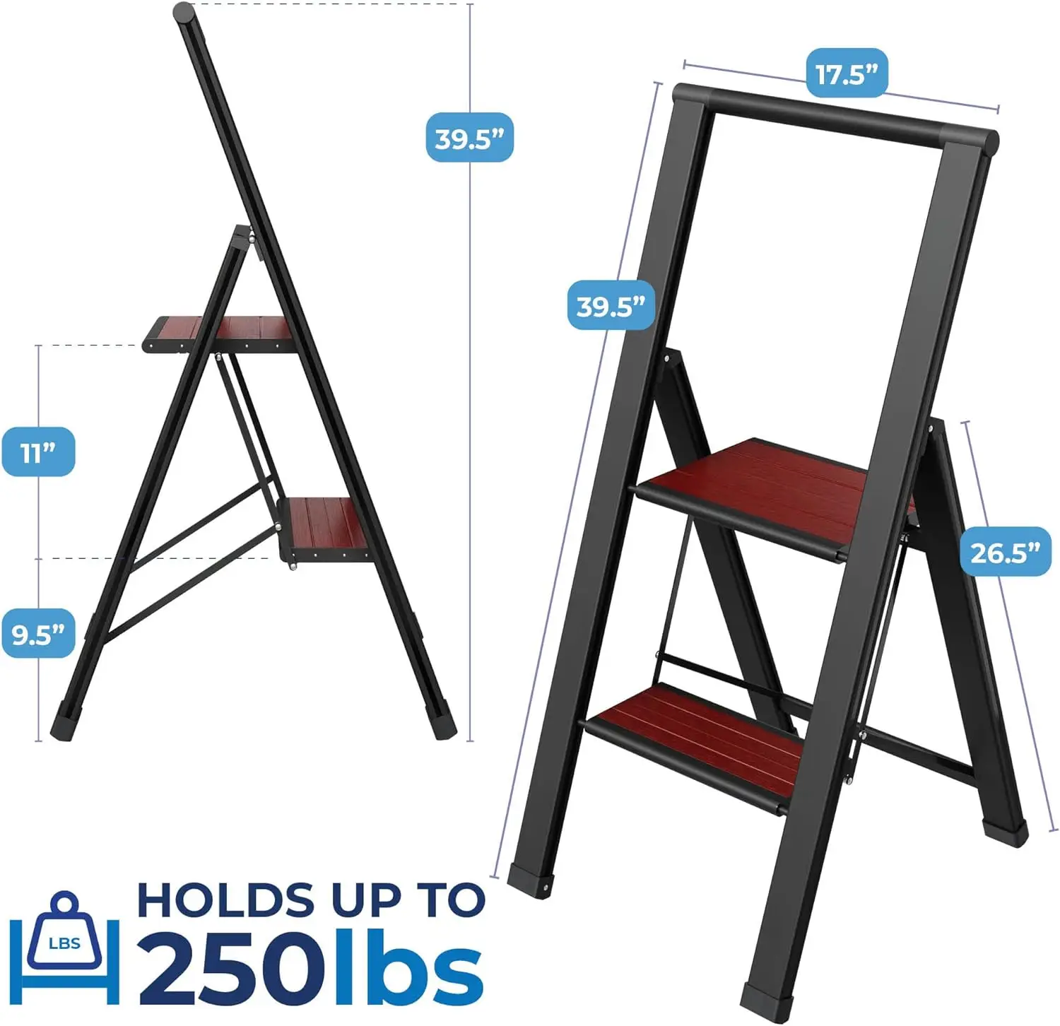 Step Ladder 2 Step Folding, Decorative - Beautiful Mahogany & Black Aluminum, Ultra Slim Profile, Anti Slip Steps, Sturdy-Portab