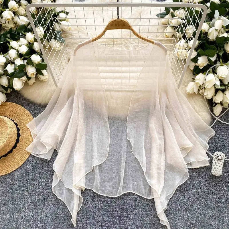 

Новинка 202, однотонный сетчатый кардиган во французском стиле, женский летний свободный тонкий милый шаль, солнцезащитная рубашка с кондиционером, топ