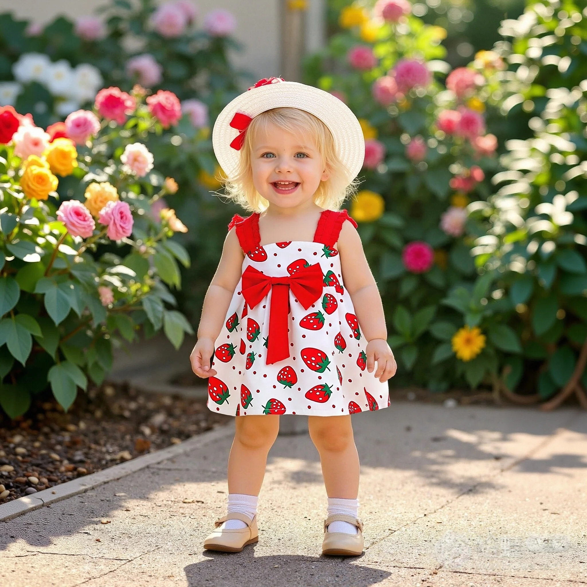 Baby Girl Dress Summer Bow And Strawberry Pattern Halter Girl Kid's Dress Cute Casual Beach Kids' Dresses With Hat
