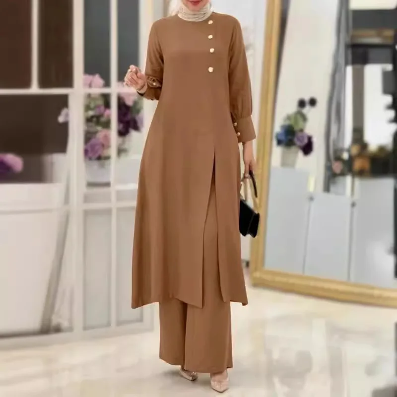 2024 Muslim women's two-piece set fashionable and elegant solid color side slit long shirt wide leg pants long robe