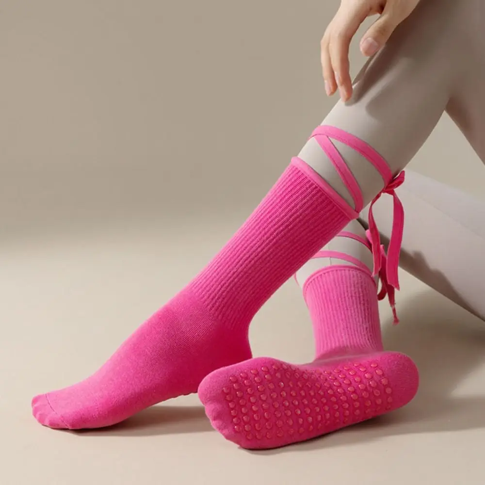 

Силиконовые носки для йоги на шнуровке в горошек, хлопковые носки до середины икры для пилатеса, женские яркие цвета, профессиональные носки средней длины для пилатеса
