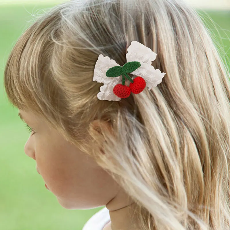 2pcs New Cherry Flower Wool Knitting Hairpin For Girls Sweet Lace Hair Bow Clips Kids Hairgrip Barrette Hair Accessories