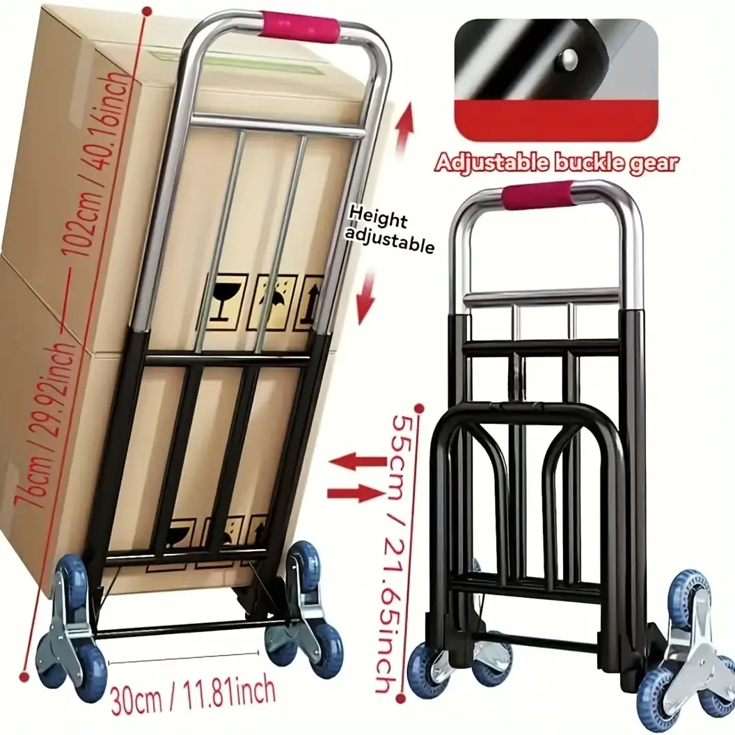 Heavy-Duty Folding Trolley With Adjustable Buckle Gears, Stair-Climbing Wheels, And A Portable Lifting Mechanism For Transport And Shopping.
