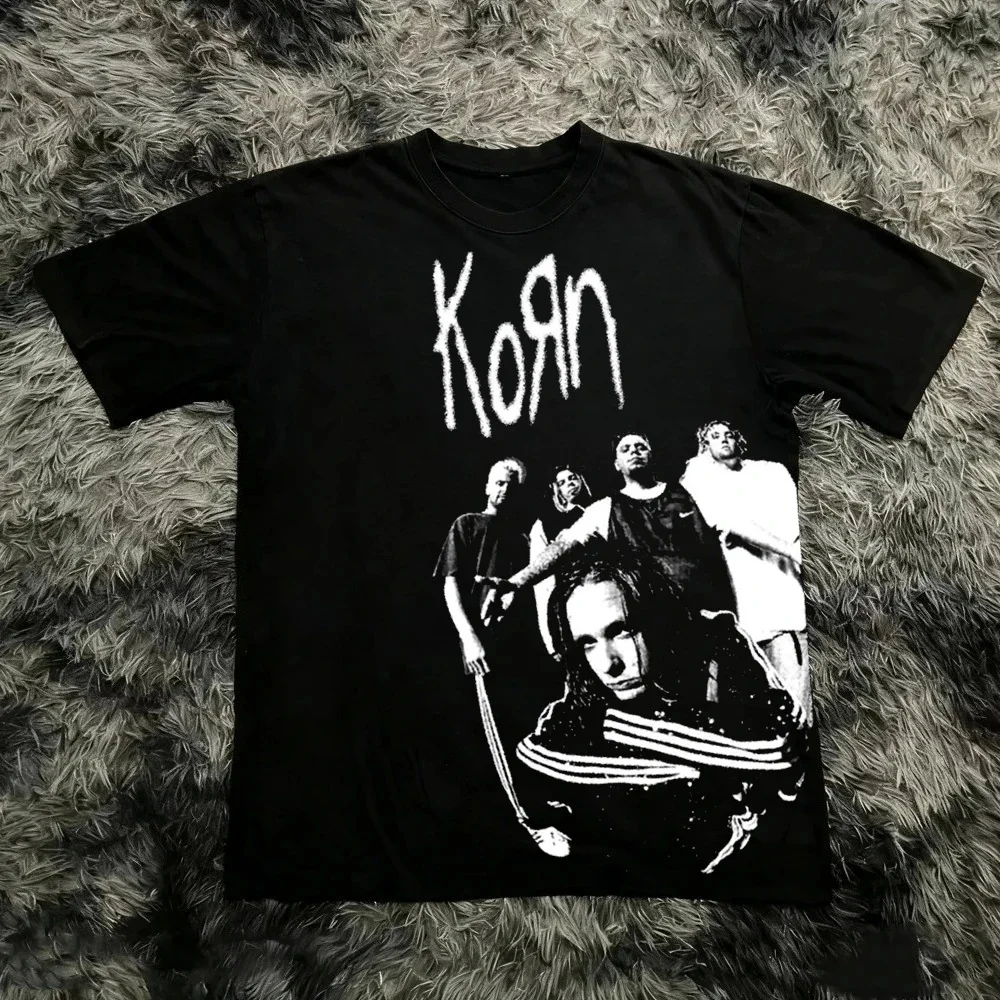 2026 Summer Korn Follow The Leader Cotton Printed T-Shirt Double-Sided Metal Band Tee Men's and Women's Oversize Couple Tee Tops