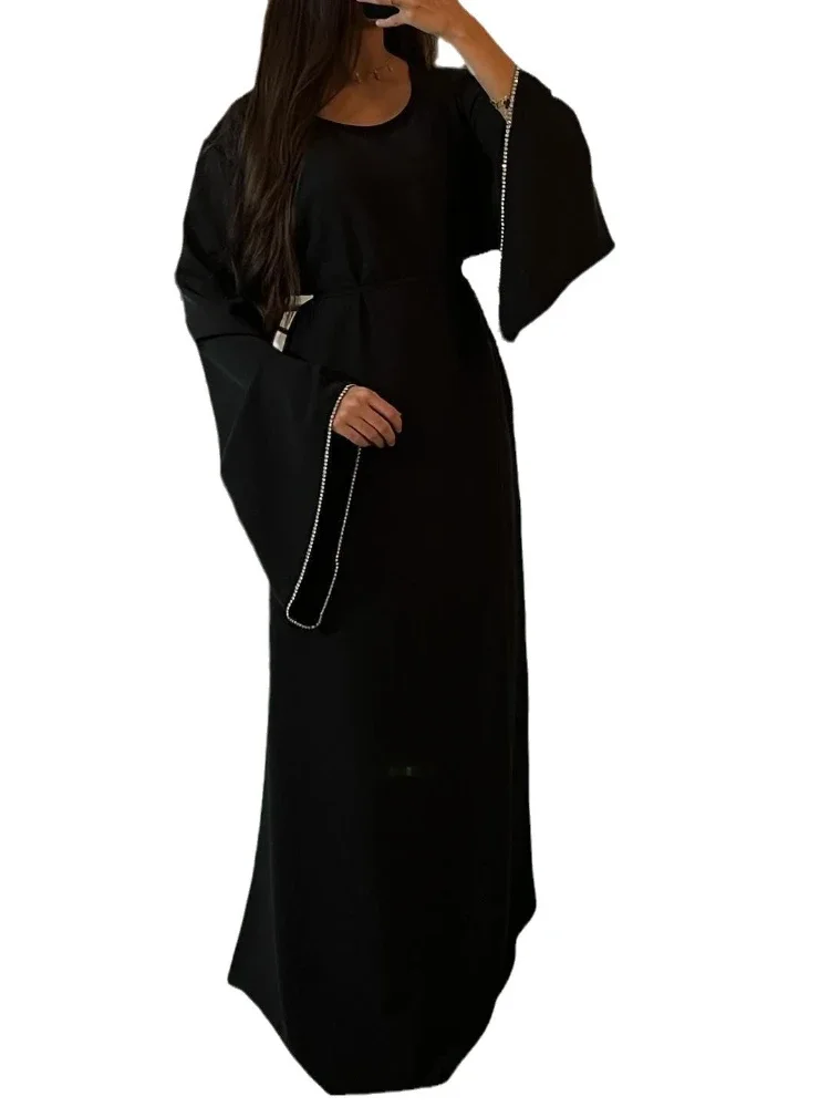 Eid Ramadan Party Dress for woman women Abaya Diamond Flare Sleeve Long Dress Belt Morocco Kaftan Vestidos Dubai Robe Jalabiya