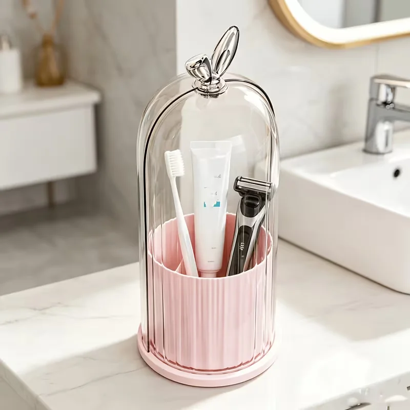 360 ° Drehbarer Zahnbürstenhalter mit transparentem Deckel, Make-up-Organizer-Box mit Fächern zur Aufbewahrung von Pinseln – Detail 6