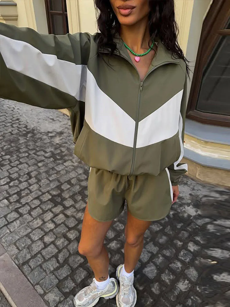 Damen-Shorts 2-teiliges Set Stehkragen Laternenärmel Reißverschluss-Jacken Elastische Taille Kurze Hosen Schicke Damen Paneel-Loose-Anzüge – Detail 8