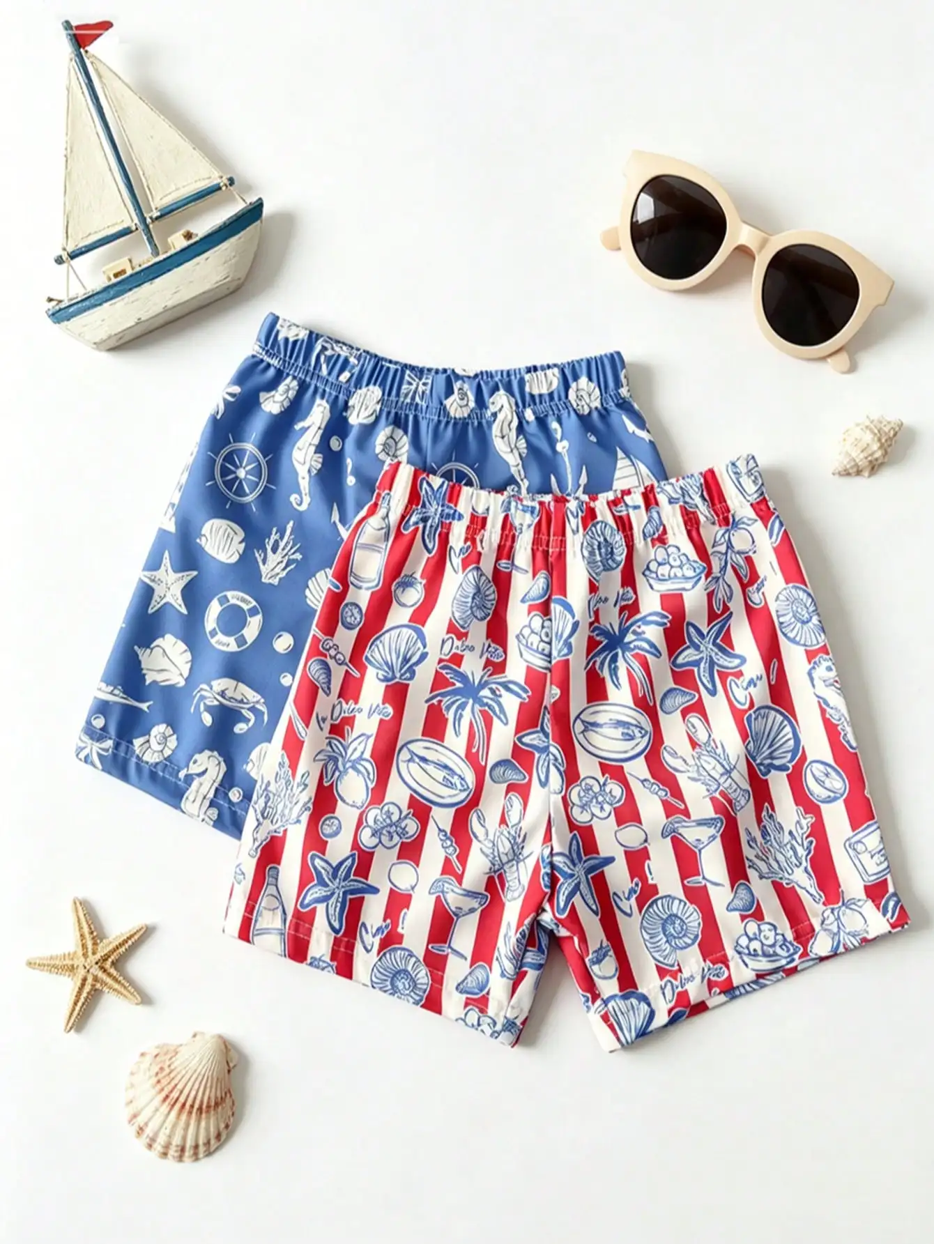 2 Stück Badehosen für Kinder und Jungen, 2–11 Jahre, nautischer Graffiti-Druck, elastische Taille, Strandshorts, weiches Polyester-Spandex, Sommer-Badebekleidung
