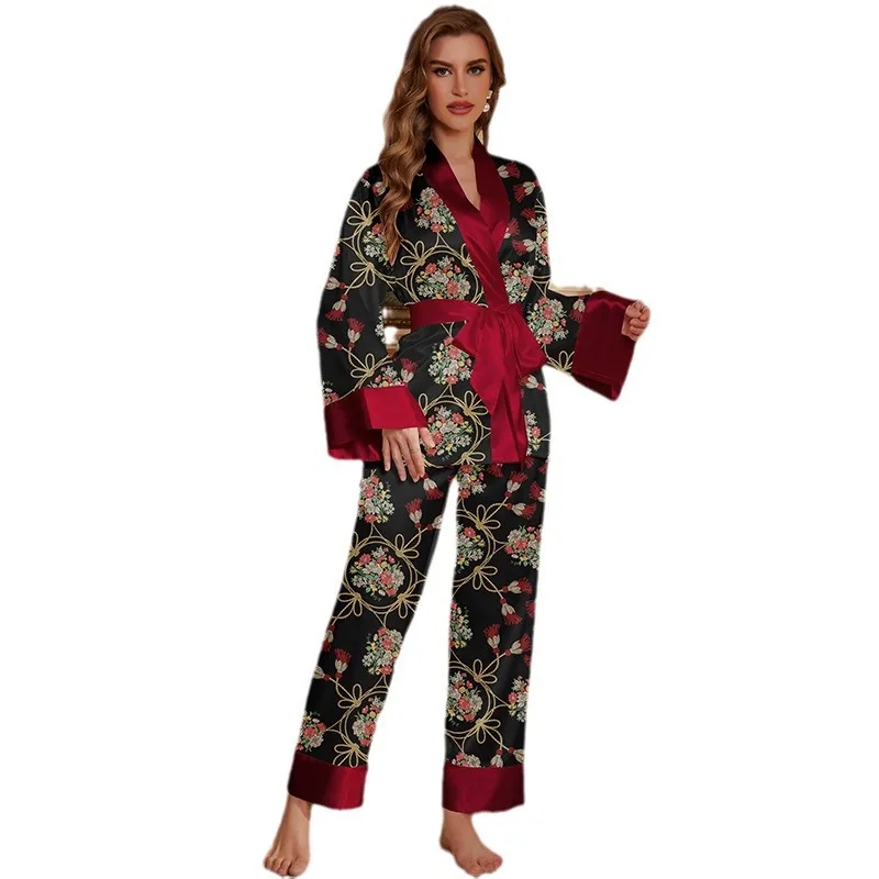 New Style Pajamas Autumn Women's Long-sleeved Suit Western Style Luxury Ice Silk-Like Home clothes Two-piece Pajamas Sleepwear