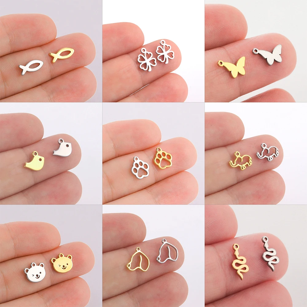 EUEAVAN 5pcs Animal Charm Stainless Steel Charms for Jewelry Making Dog Paw Bear Fish Clover Pendant Bracelets DIY Accessories