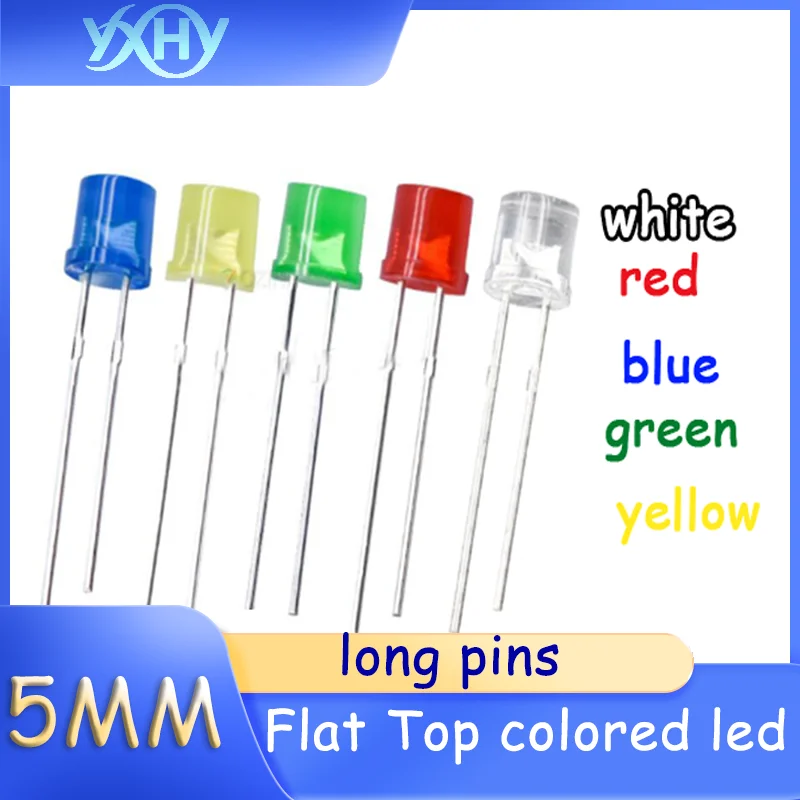 

100pcs LED 5MM flat head with color long feet red, yellow and green led direct plug lamp beads