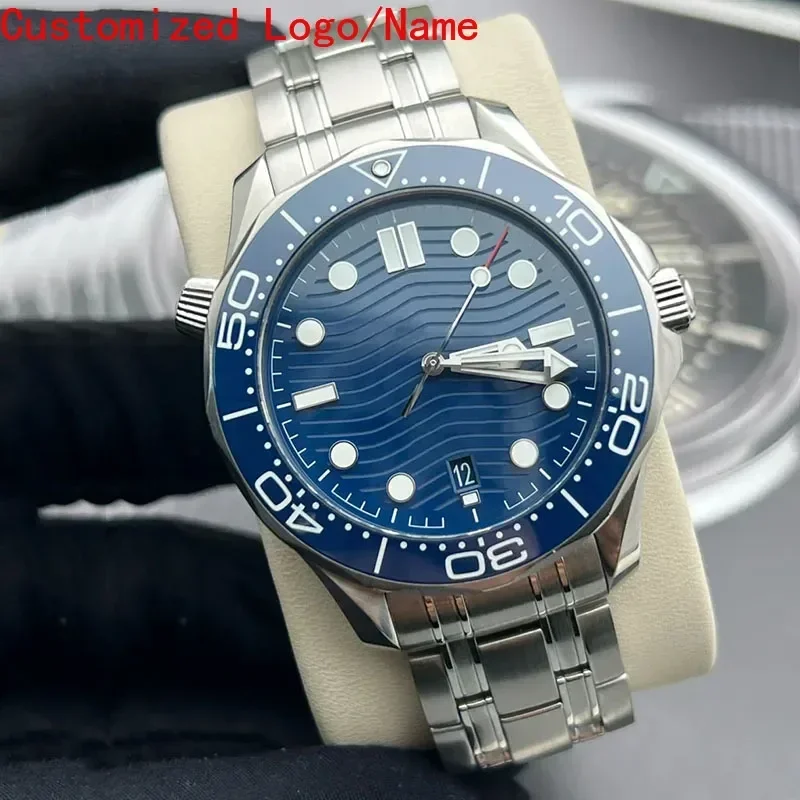 الرجال الساعات الميكانيكية التلقائية الفولاذ المقاوم للصدأ سوار عارضة التقويم الأسود الأزرق السيراميك ساعة اليد حسب الطلب #2