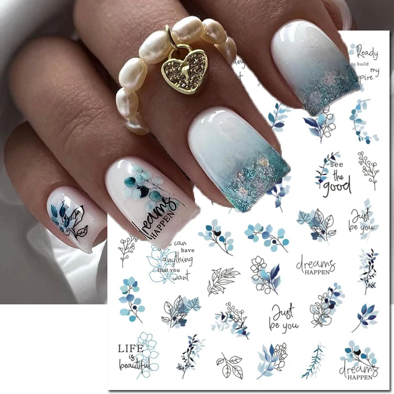 3d Nail Art Decals Royalblue White Florals Watercolor Flowers Leaves Adhesive Sliders Nail Stickers For Nail Tips Beauty