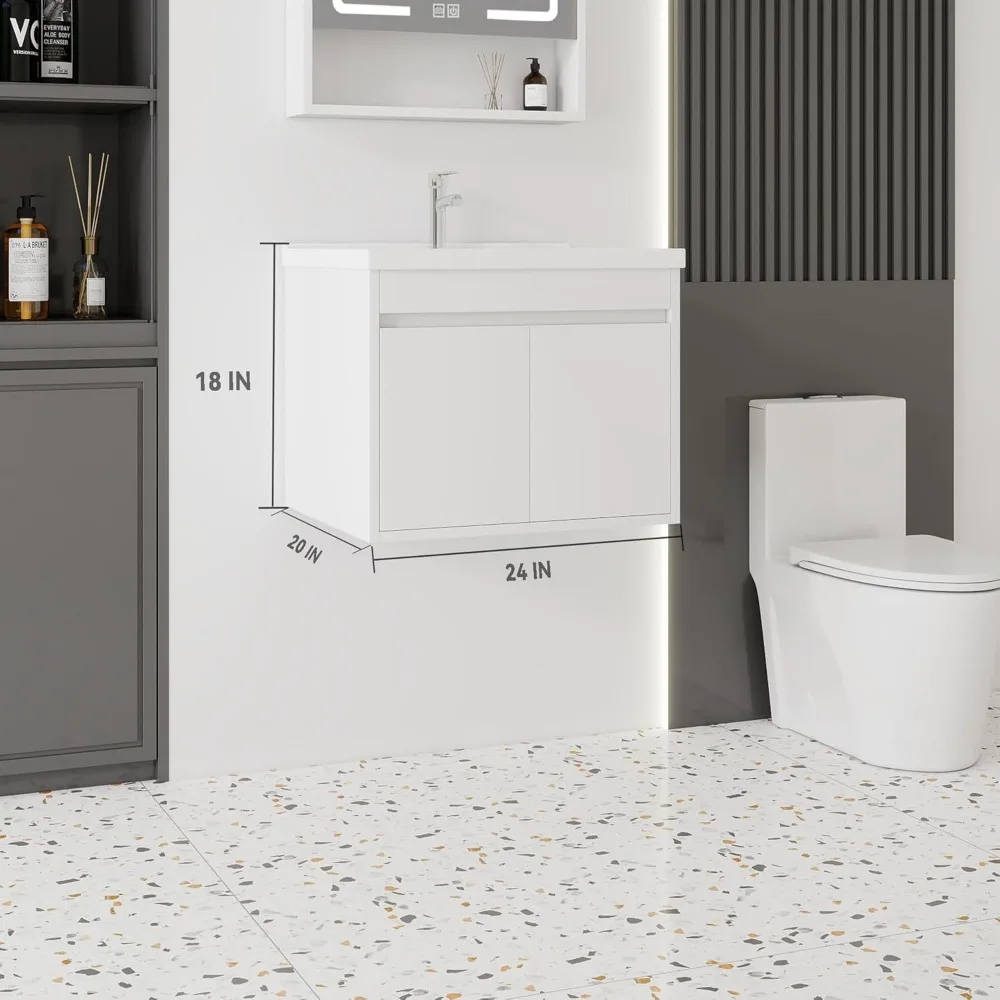 مجموعة حوض حمام مقاس 24 بوصة مع مجموعة حوض سيراميك، خزانة حمام صغيرة مثبتة على الحائط مع باب مغلق ناعم، خزانة عائمة حديثة، P