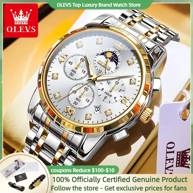 OLEVS 3652 Luxury Men\'s Watch Business Multifunctional Calendar Moon Phase Timing Waterproof Watch Top Brand Men\'s Quartz Watch