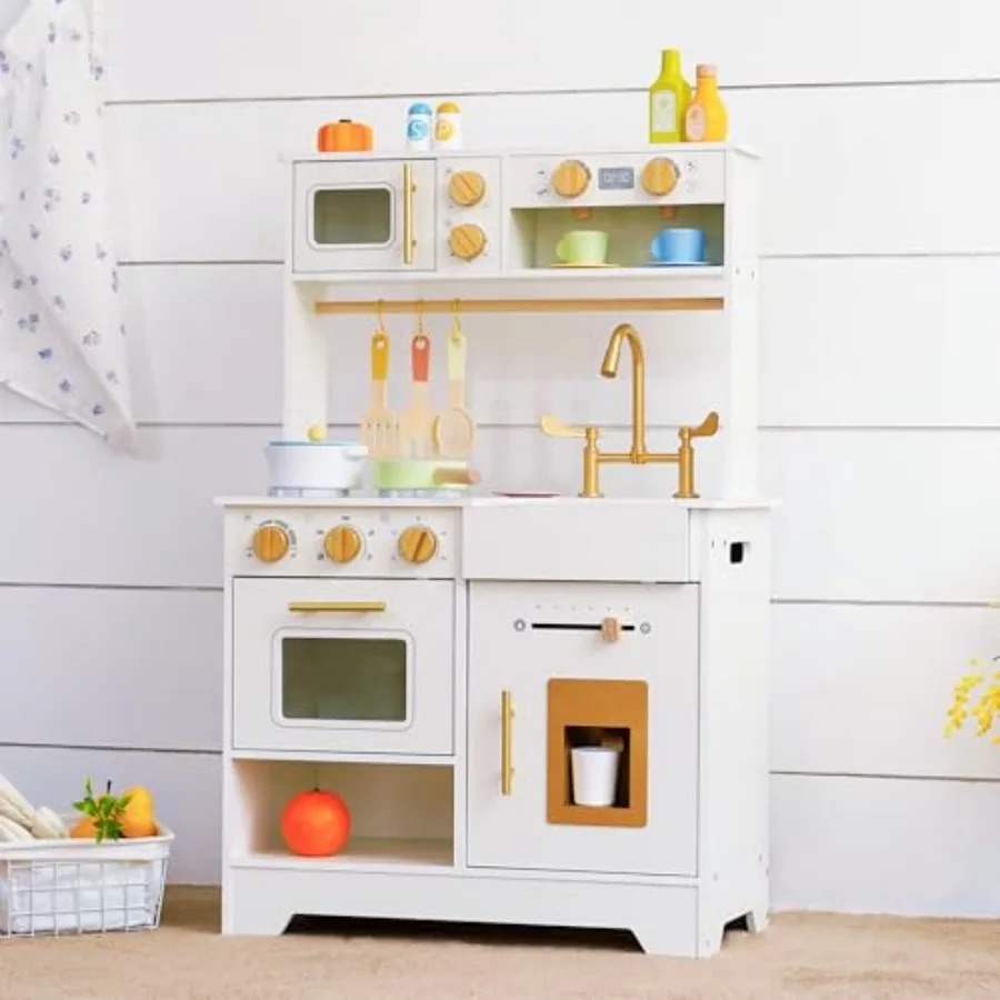 

Wooden play kitchen for kids: white Montessori pretend kitchen set with ice maker, sink, stove, oven, microwave, utensils and s