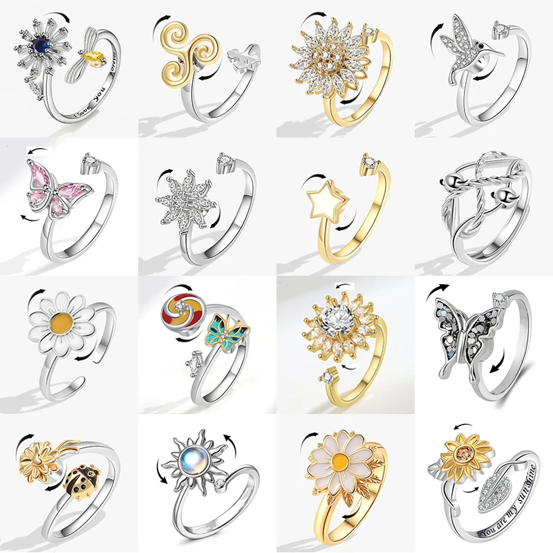 Fashion Luxury Fidget Spinner Ring Anxiety for Women Multiple CZ Butterfly Hummingbird Animal Rings Anti Stress Wedding Jewelry