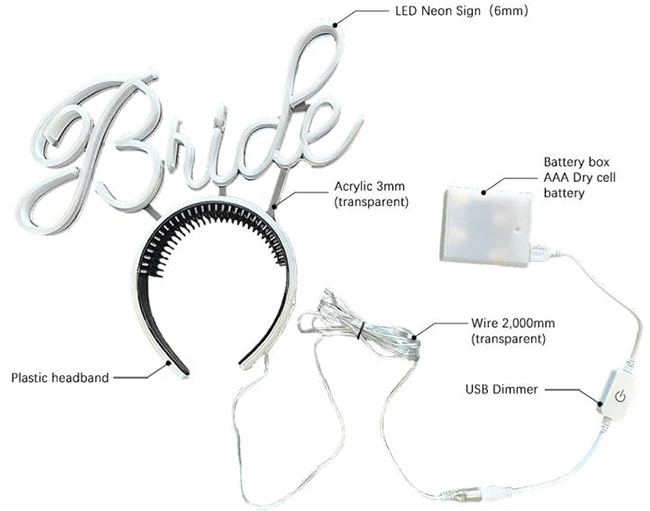 LED 네온 머리띠, 맞춤형 네온 조명 사인, 웨딩 파티 장식, 맞춤형 헤드웨어 네온 램프, 흰색 신부, 20x10cm, 7.9x3.9